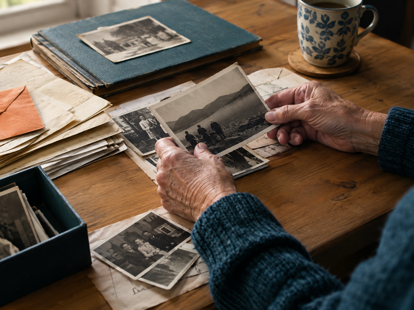 Ilustración: manos de una persona mayor revisando fotos y cartas familiares antiguas